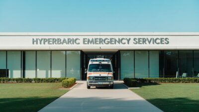 Modern emergency hyperbaric chamber facility with ambulance parked outside, clear hospital signage, and clean exterior in daylight — representing fast access to life-saving treatment.