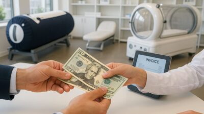 Close-up of a customer paying cashier in a modern hyperbaric chamber showroom, symbolizing hyperbaric chamber cost to buy