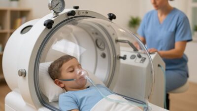 Close-up of a child lying inside a transparent hyperbaric oxygen therapy chamber, receiving oxygen through a mask, while a medical professional monitors the session in a clean medical room.