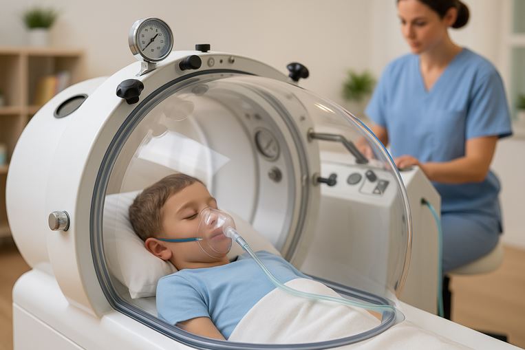 Close-up of a child lying inside a transparent hyperbaric oxygen therapy chamber, receiving oxygen through a mask, while a medical professional monitors the session in a clean medical room.