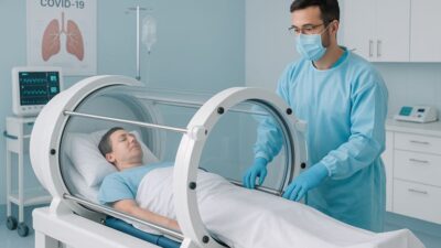 A patient receiving hyperbaric oxygen therapy inside a hard-shell chamber, monitored by a clinician, for lingering COVID-19 symptoms.