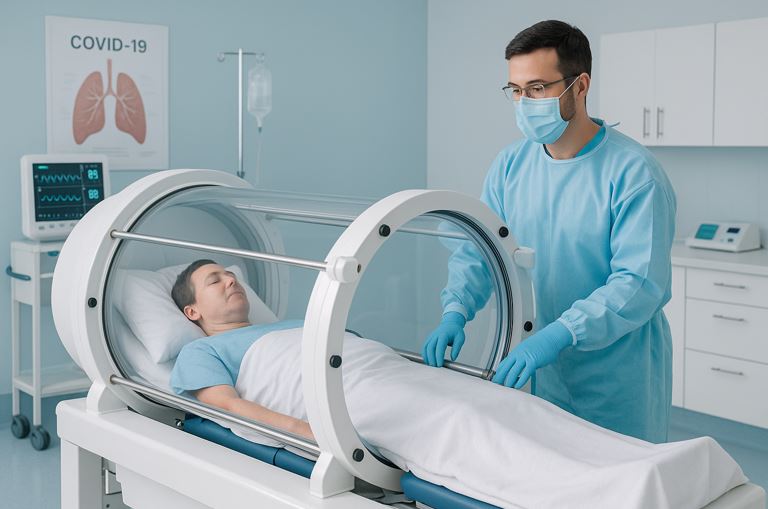 A patient receiving hyperbaric oxygen therapy inside a hard-shell chamber, monitored by a clinician, for lingering COVID-19 symptoms.