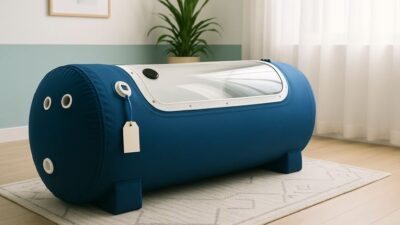 A blue soft portable hyperbaric oxygen chamber in a bright home therapy room with a rug, potted plant, and wall art, using a white and teal color palette with natural lighting