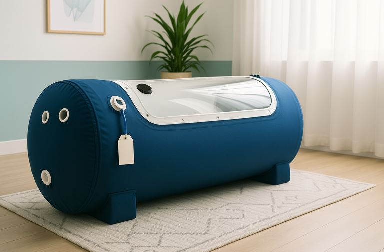A blue soft portable hyperbaric oxygen chamber in a bright home therapy room with a rug, potted plant, and wall art, using a white and teal color palette with natural lighting