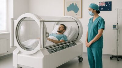 Hyperbaric oxygen chamber in a modern Australian hospital with clinician and patient