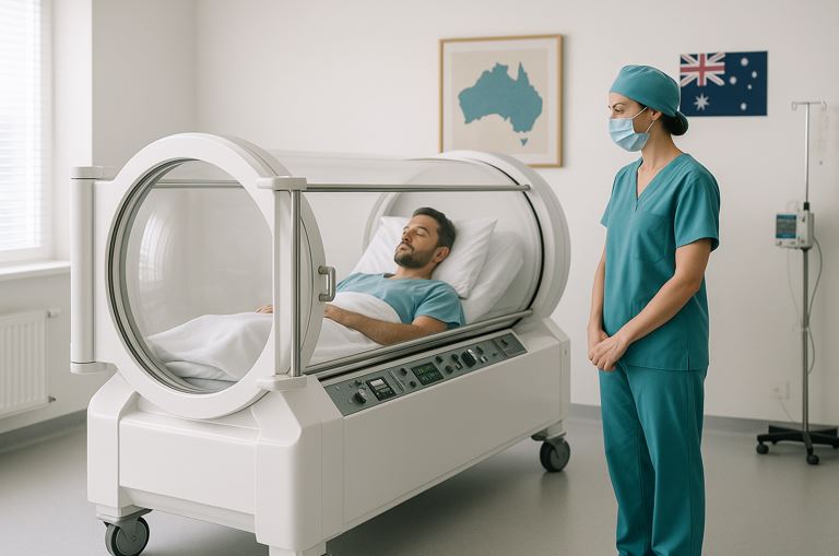 Hyperbaric oxygen chamber in a modern Australian hospital with clinician and patient