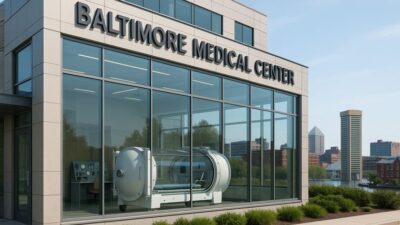 A hyperrealistic exterior view of a Baltimore medical center