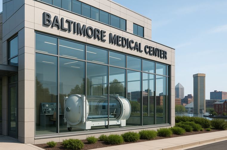 A hyperrealistic exterior view of a Baltimore medical center