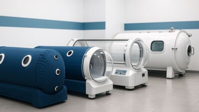 a neatly arranged row of hyperbaric oxygen chambers in a modern medical showroom