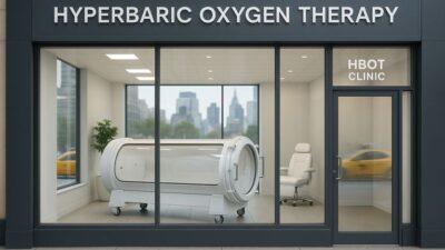 Exterior of a hyperbaric chamber clinic in New York City with visible chamber inside.