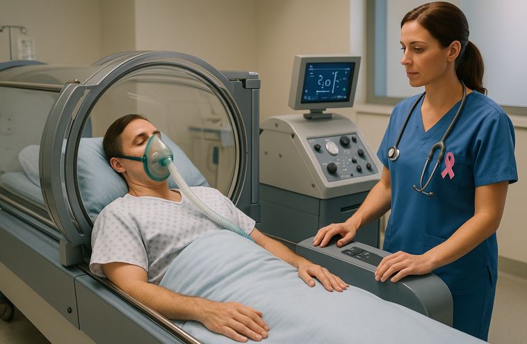 Medical staff monitoring a patient undergoing hyperbaric chamber therapy for cancer in a hospital treatment room.
