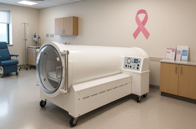 Hyperbaric chamber for cancer treatment in a hospital oncology room.