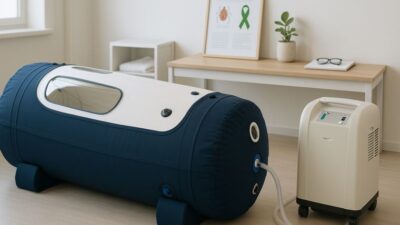 Hyperbaric chamber in a medical clinic prepared for Lyme disease therapy, with green ribbon awareness symbol in the background.