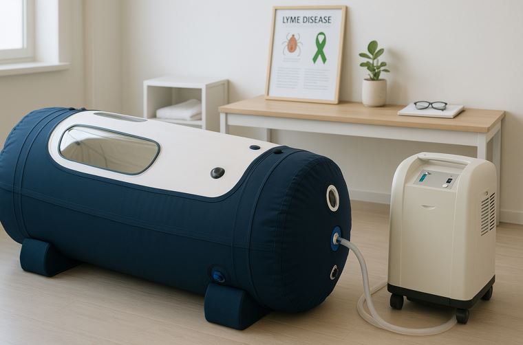 Hyperbaric chamber in a medical clinic prepared for Lyme disease therapy, with green ribbon awareness symbol in the background.