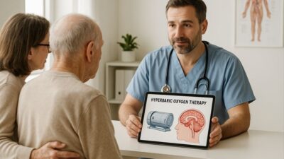 Doctor explaining hyperbaric oxygen therapy to a stroke patient and family member using a diagram of a chamber and brain illustration.