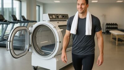 Athlete stepping out of a realistic hyperbaric chamber in a sports recovery clinic