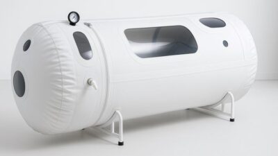 Hyperrealistic studio shot of a Summit to Sea soft hyperbaric chamber in pure white with light gray accents.