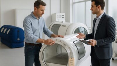 A potential buyer inspects a used hyperbaric chamber while negotiating price with a salesperson in a clean showroom.