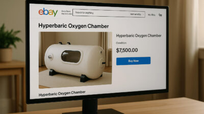 Realistic computer screen displaying a second-hand hyperbaric oxygen chamber listed on an e-commerce platform like eBay, with visible product image, price, condition, and 'Buy Now' button in a clean home setting.