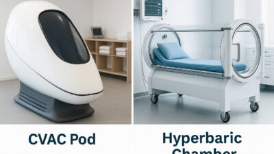comparison of a CVAC pod and a hyperbaric oxygen chamber in a clinical setting, showcasing the differences in design, function, and patient experience.