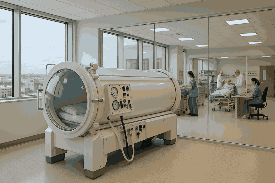A large medical-grade Hyperbaric Chamber Townsville Benefits unit in a bright hospital room, with staff attending to patients in the background.