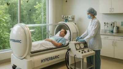 Patient in an arboretum hyperbaric oxygen chamber