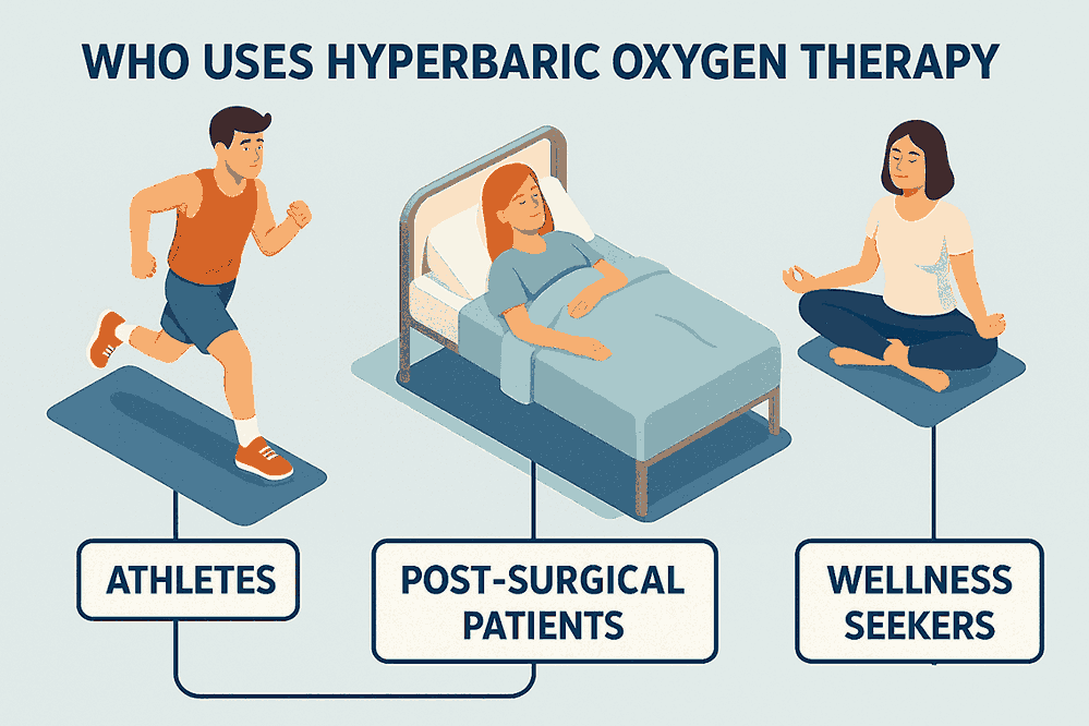 Illustration showing common users of a hyperbaric chamber in arizona, including athletes, post-surgical patients, and wellness seekers.