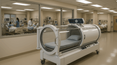A modern hyperbaric chamber in a clinical facility, resembling the setup at Breathe Hyperbaric Chamber Center Redding.
