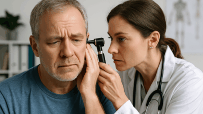 A doctor examines a patient's ear, exploring the question: Can hyperbaric chambers cause hearing loss?