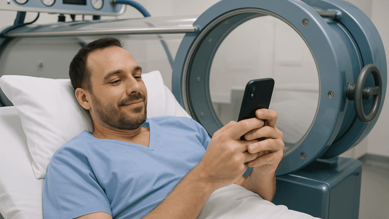 A person relaxes in a hyperbaric chamber while using a phone, questioning if you can bring your phone in a hyperbaric chamber.