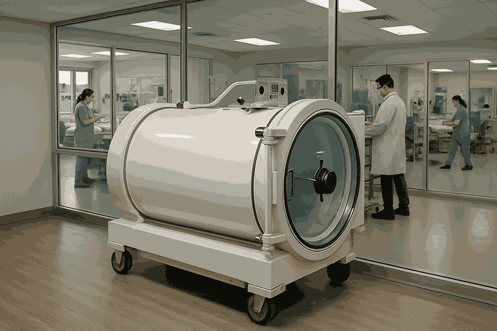 A hyperbaric chamber in des moines located in a hospital room, with medical staff working in the adjacent area visible through glass panels.
