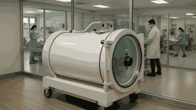 A white hbot mesa unit in a medical facility, with healthcare staff working in the background behind glass partitions.