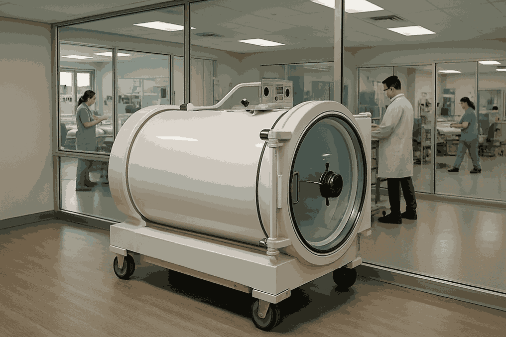 A white hbot mesa unit in a medical facility, with healthcare staff working in the background behind glass partitions.