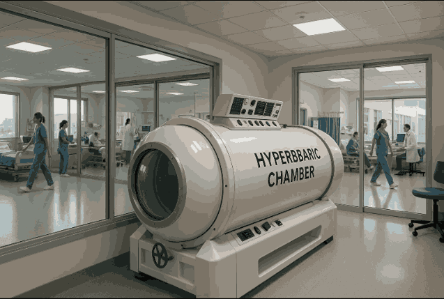 A large white hbot mesa unit in a hospital room, with medical staff and patients visible through glass walls in the background.
