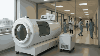 A hyperbaric chamber bed positioned in a hospital room near large windows, with medical staff conversing in the background.