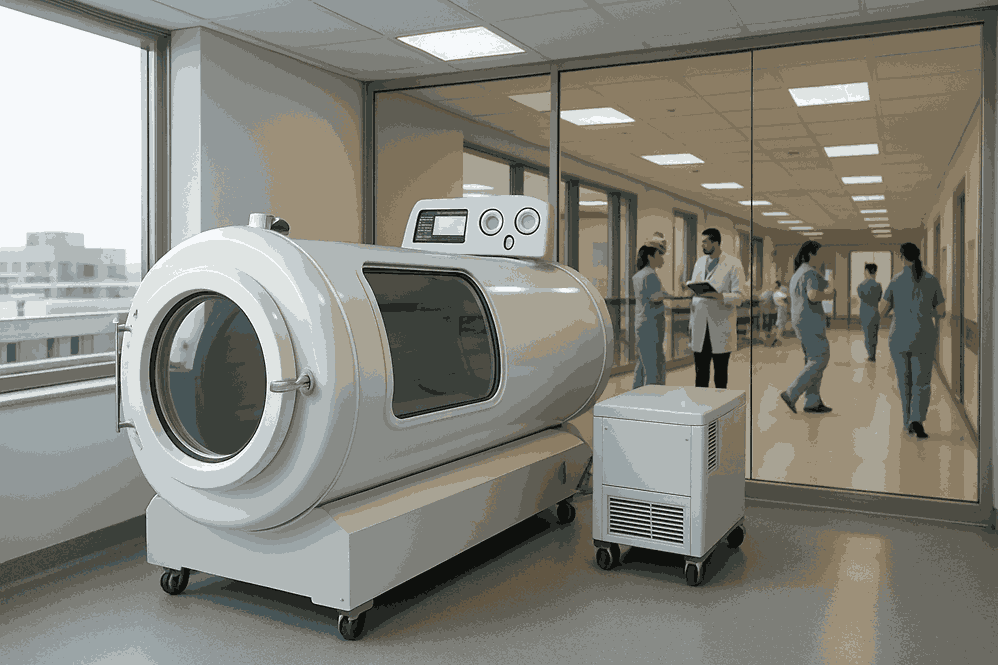 A hyperbaric chamber bed positioned in a hospital room near large windows, with medical staff conversing in the background.