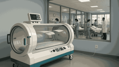 A modern glass-sided hyperbaric chamber for MS in a hospital room, with medical staff and patients visible through a large observation window in the background.
