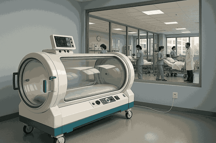 A modern glass-sided hyperbaric chamber for MS in a hospital room, with medical staff and patients visible through a large observation window in the background.