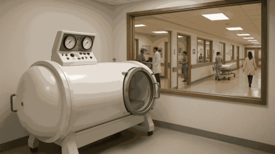A white cylindrical hyperbaric chamber for sleep apnea with a control panel and gauges, placed in a hospital room with a large observation window showing medical staff in the hallway.