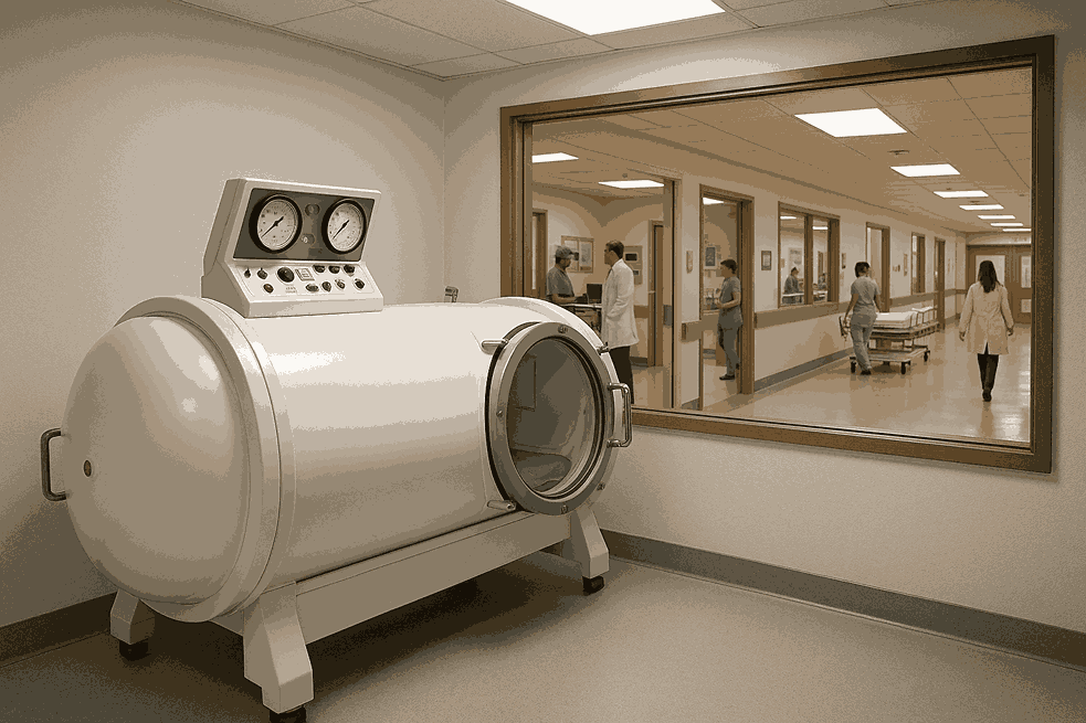 A white cylindrical hyperbaric chamber for sleep apnea with a control panel and gauges, placed in a hospital room with a large observation window showing medical staff in the hallway.