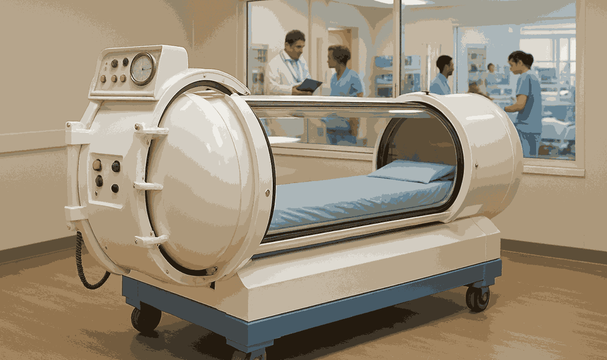 A hyperbaric chamber in fort lauderdale is a medical facility, used for oxygen therapy, with healthcare staff visible through a window in the background.
