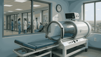 A hyperbaric chamber in des moines positioned in a hospital room, with medical staff and patients visible through large interior windows.