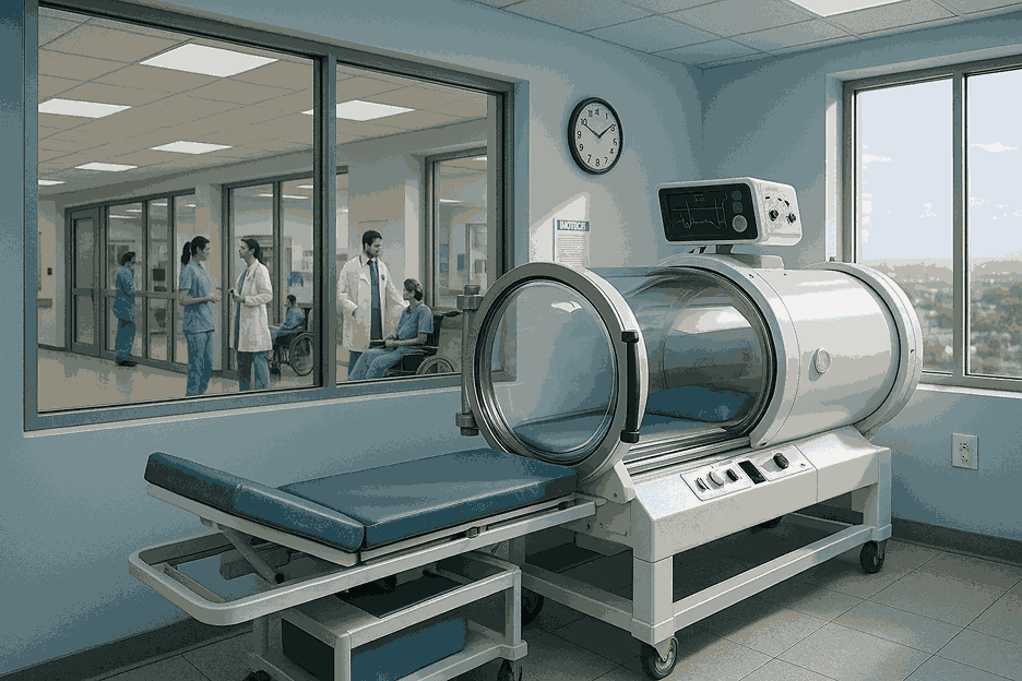 A hyperbaric chamber in des moines positioned in a hospital room, with medical staff and patients visible through large interior windows.