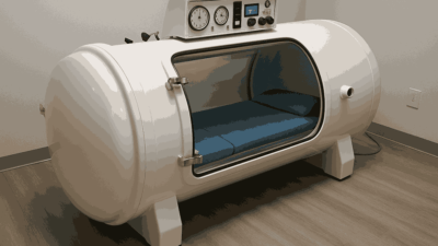 A white cylindrical hyperbaric chamber in St George with a blue cushioned interior and a control panel featuring gauges and knobs, situated in a clinical room with wood-style flooring.