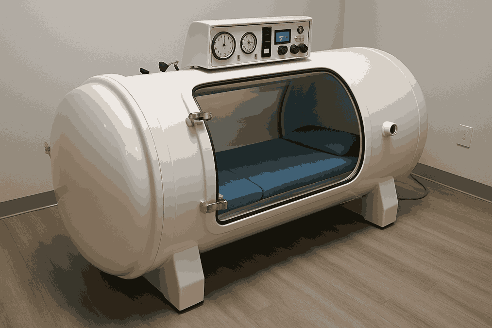 A white cylindrical hyperbaric chamber in St George with a blue cushioned interior and a control panel featuring gauges and knobs, situated in a clinical room with wood-style flooring.