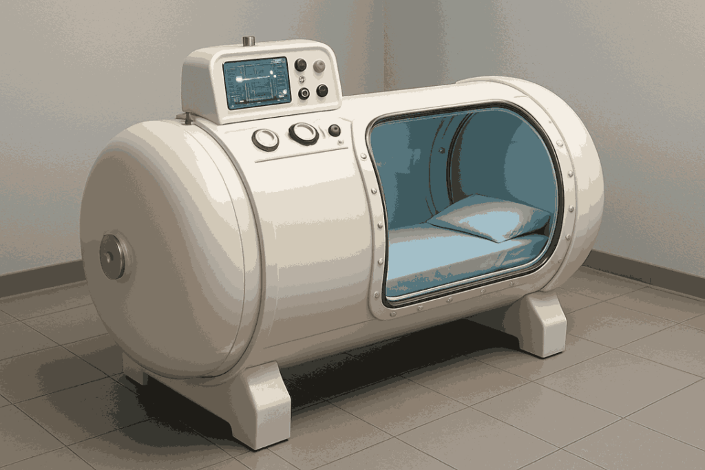 A modern white cylindrical hyperbaric chamber in St George with a blue cushioned interior, control panel, and gauges, placed in a tiled clinical room.