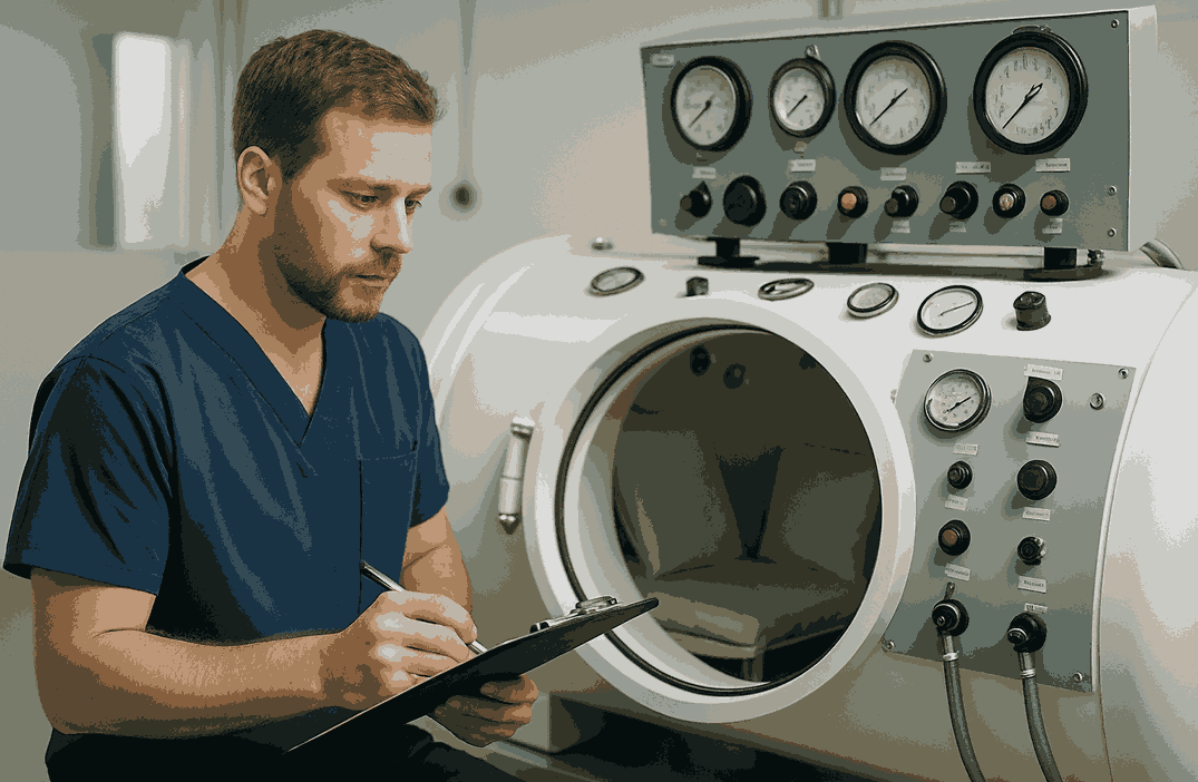 A hyperbaric chamber technician in blue scrubs taking notes on a clipboard while inspecting a hyperbaric chamber with multiple gauges and controls in a clinical setting.