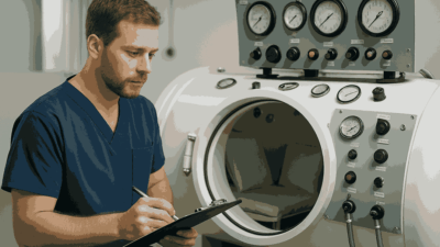 A hyperbaric chamber technician in blue scrubs taking notes on a clipboard while inspecting a hyperbaric chamber with multiple gauges and controls in a clinical setting.