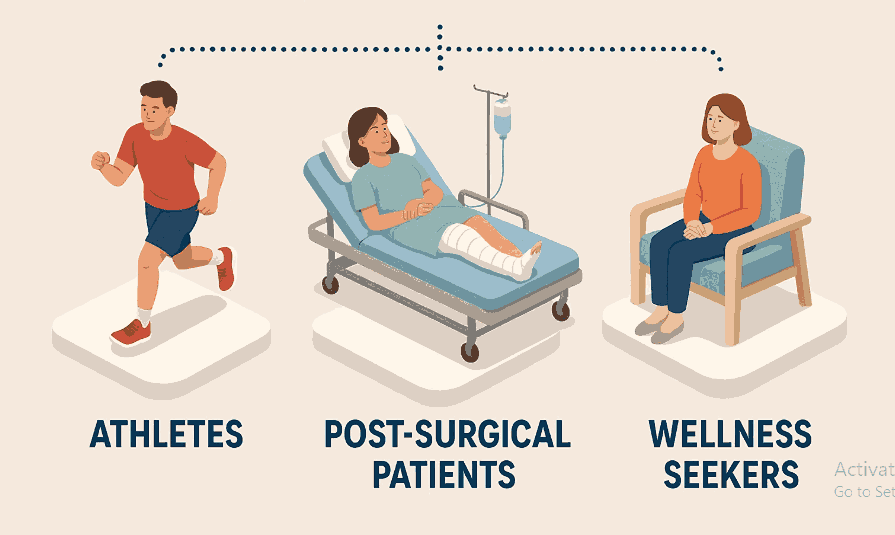 Illustration depicting Hyperbaric Chamber Townsville Benefits for athletes, post-surgical patients, and wellness seekers.