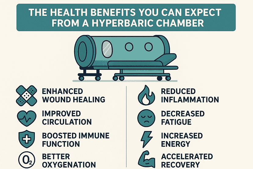 The Health Benefits You Can Expect From a Hyperbaric Chamber," showing a chamber illustration and listing benefits: enhanced wound healing, improved circulation, boosted immune function, better oxygenation, reduced inflammation, decreased fatigue, increased energy, and accelerated recovery.